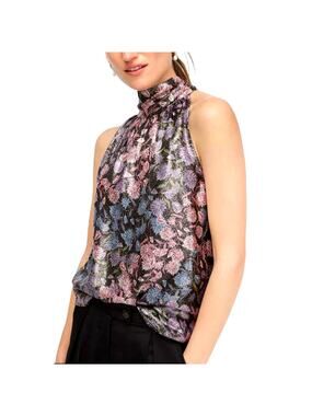 J.Crew Collection Metallic Silk Blend Floral Halter Top Black Pink Purple Size S